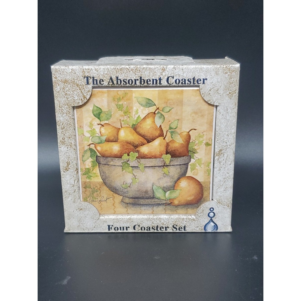 Set Of Four Stone Coasters Pears In Bowl‎ In Box 4 X 4 Cork Backing